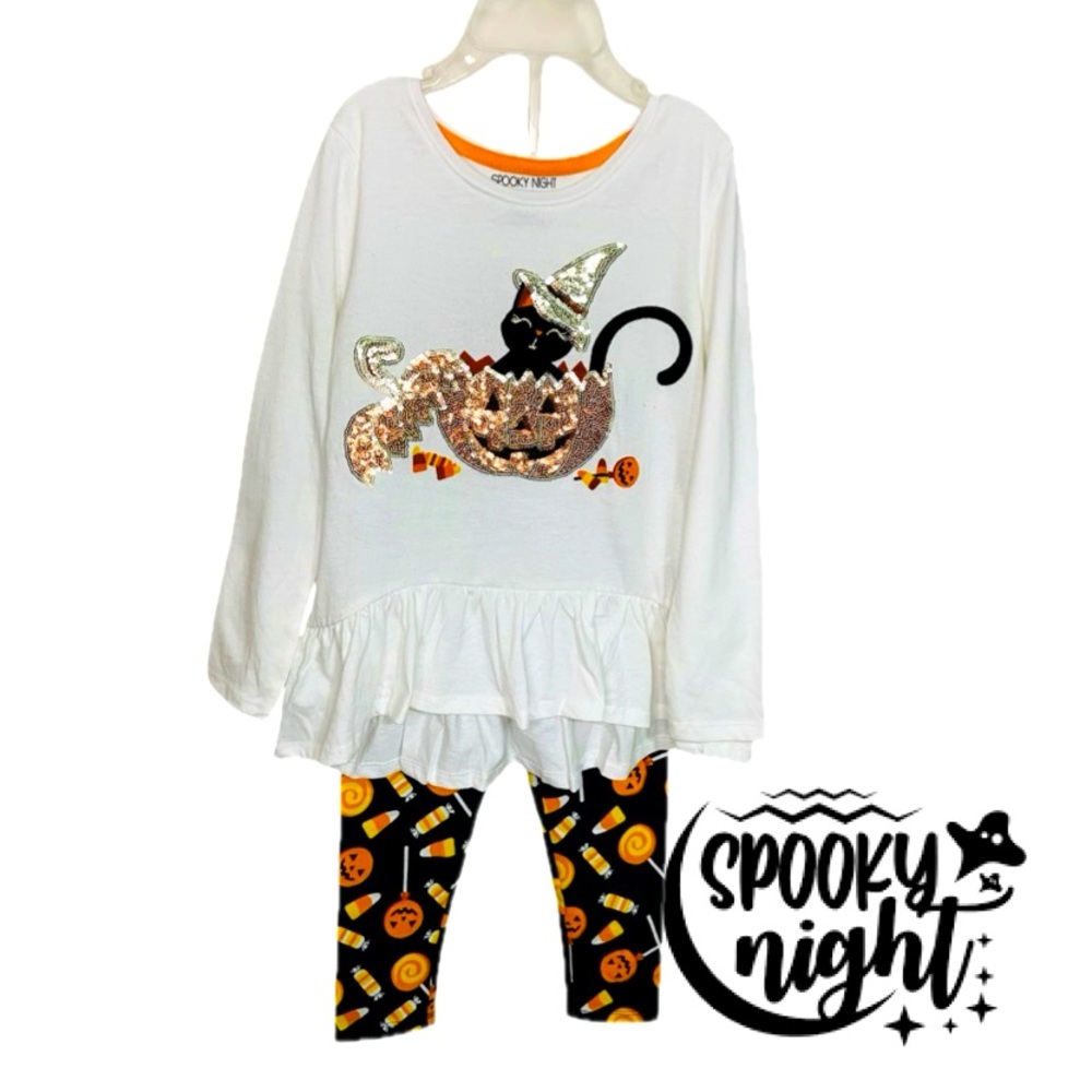 SPOOKY NIGHT Halloween Witch Cat in Jack-o’-lantern Legging Set Girl’s Sz S(5/6)